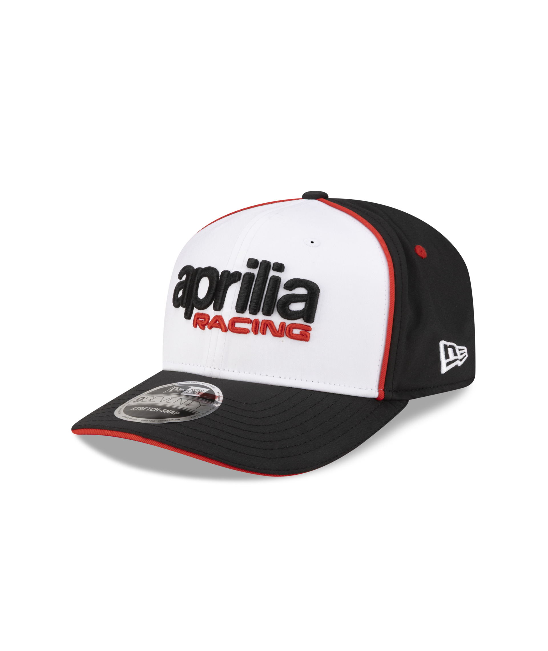 Gorra de béisbol Aprilia Racing Team 2026 New Era 9Seventy, en blanco y negro